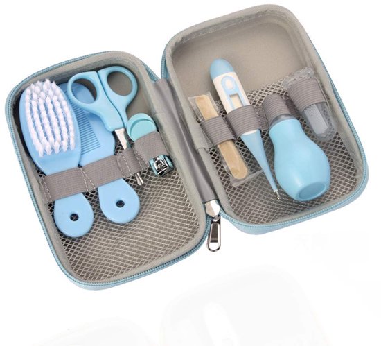 Babyverzorgingsset - 8-in-1 - Inclusief haarborstel, kam, nagelknipper en nagelvijl, neusaspirator, vingertandenborstel en klein schaartje - Draagbaar - Verzorgings- en hygiëneset - Blauw