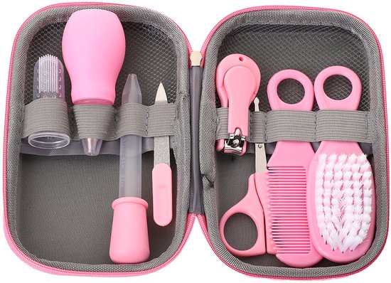 Babyverzorgingsset - Inclusief haarborstel, kam, nagelknipper, enz. - Geschikt voor pasgeborenen, baby's en peuters - 8-delige set met pipetjes - Kam, borstel, neusaspirator - 8-delige verzorgingsset EVA-tas van Merkloos