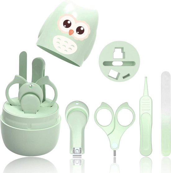 Babyverzorgingsset met babynagelknipper voor vinger- en teennagels voor kinderen en pasgeborenen, inclusief nagelknipper, nagelschaar, nagelvijl en pincet, en wordt geleverd in een schattig uilengeschenkdoosje-10.8*7*6cm-Groen van Merkloos