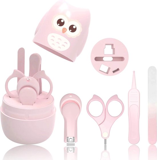 Babyverzorgingsset met babynagelknipper voor vinger- en teennagels voor kinderen en pasgeborenen, inclusief nagelknipper, nagelschaar, nagelvijl en pincet, en wordt geleverd in een schattig uilengeschenkdoosje-10.8*7*6cm-Roze van Merkloos