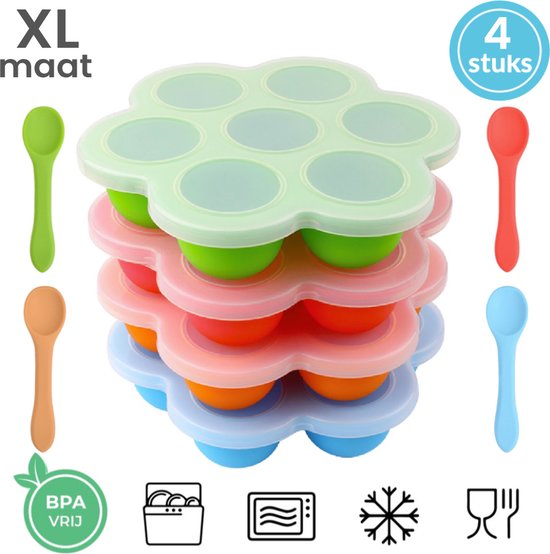 Babyvoeding bewaarbakjes met lepels - Bewaarbakjes babyvoeding - Babyvoedingsaccessoires - Bewaarbakjes babyhapjes - Diepvriesbakjes - Set van 4 bakjes - 28 porties - 75 ml - Maat L - Magnetron & vaatwasser veilig - 20.5 x 20.5 cm - 100% BPA vrij van Merkloos