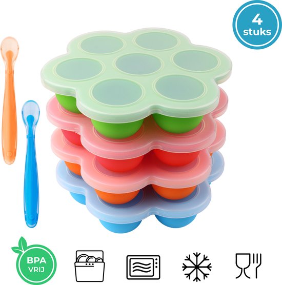 Babyvoeding bewaarbakjes met lepels - Herbruikbaar - Set van 4 bakjes - 28 porties - Bewaarbakjes babyvoeding - Babyvoedingsaccessoires - Moedermelk bewaren - Diepvriesbakjes - Bewaarbakjes babyhapjes - Magnetron & vaatwasser veilig - 100% BPA vrij van Minikoioi
