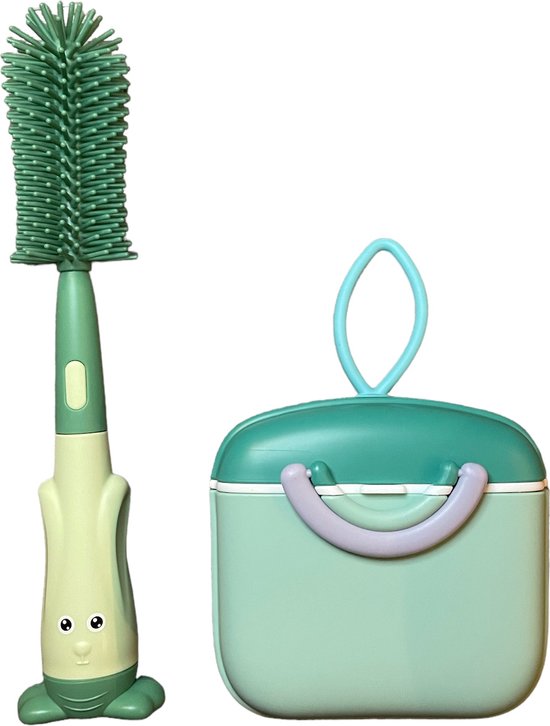 Babyvoeding bewaarbox met flessenborstel | Groen | Flessenborstel | Reisset | Melkpoeder bewaarbox | Luchtdicht | Baby | Flesvoeding van Hieperdepiep