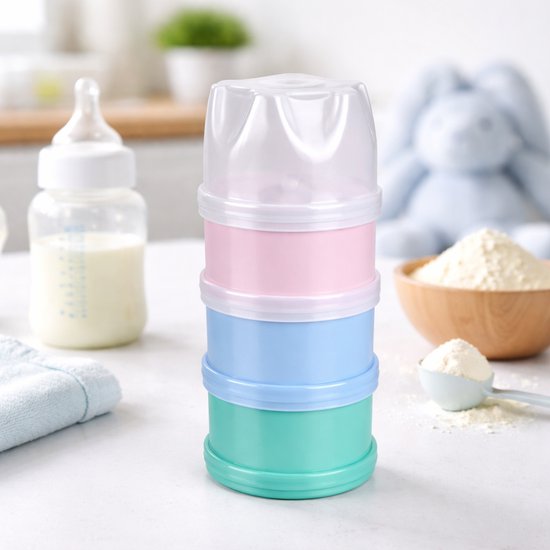 Babyvoeding Bewaartoren / Doseertoren – 4 Lagen met Schenktuit – Multicolor – Kunststof – 16 x 7 cm – Voor Babyvoeding & Melkpoeder