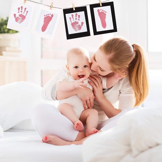 Babyvoetafdruk en handafdruk, 2 stuks babyvoetafdruk, met papieren fotolijst, babyhuid komt niet met kleur in aanraking voor pasgeborenen 0-6 maanden (roze) van Happygoods