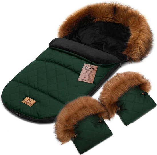Babyvoetenzak Minky set - Winterzak handmof - Kinderwagen warm - Afneembare voorzijde - 85 cm lengte - Gewatteerd groen