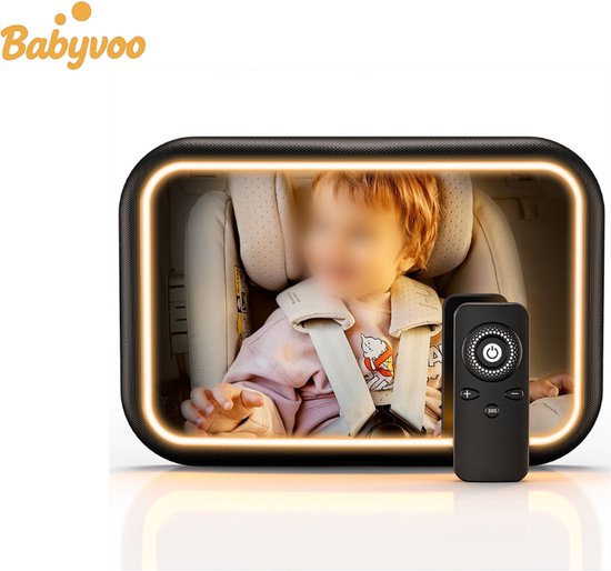 Babyvoo Baby Autospiegel - Verlichting en Afstandsbediening - Oplaadbaar - Extra Groot Zicht - 360° Draaibaar - Achterbank Spiegel Baby - Stabiele Bevestiging