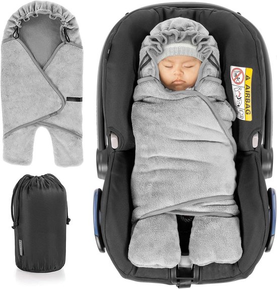Babywikkendeken Winter met Voetjes en Capuchon voor Autostoel Kinderwagen Box - Gewatteerde Deken met Klittenband Sluiting en Draagtas - Zachte Sjaal voor Baby's - Grijs van Merkloos