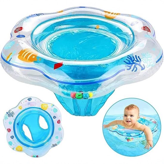 Babyzwemring - zitring - buikring voor baby's - opblaasbare drijfmat - zwemhulpmiddel - geschikt voor zwemtraining van baby's en peuters van 6-12 maanden - blauw - 52 cm - binnendiameter 21 cm