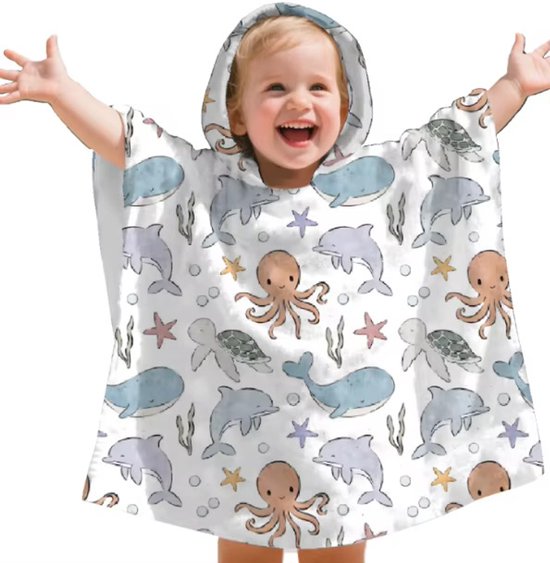 Badcape Baby - Badcape - Baby Badjas - Omslagdoek - Omslagdoek - Baby Handdoek Met Capuchon - Strandhanddoek - Badponcho - Poncho Handdoek - Microfiber - 60 x 60cm - wit met zeedieren