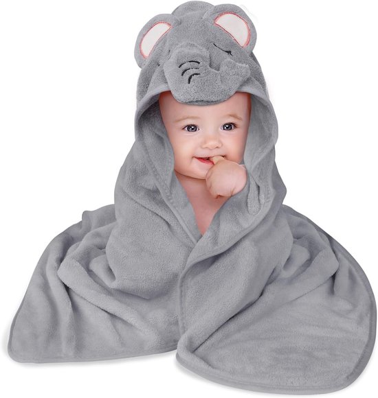 Badcape baby - Grijze olifant - 80 x 80 cm - Koraalvlies Badhanddoek met Capuchon - Voor Pasgeborenen en Peuters