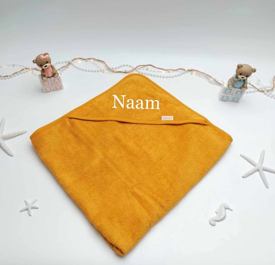 Badcape Gele oker 1 stuk - Badcape met naam - Hawsaz.nl Kraamcadeaus - Geboortecadeau - Bad en douche - Borduren met naam - Gepersonaliseerd - Babycadeau met naam - Badcape van Hawsaz