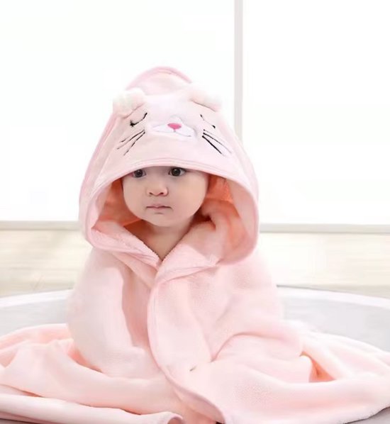 Badcape | Kat | Zachte Fleece | Wikkeldeken | Doek | Capuchon | Baby | Kind | Kraamcadeau van Merkloos