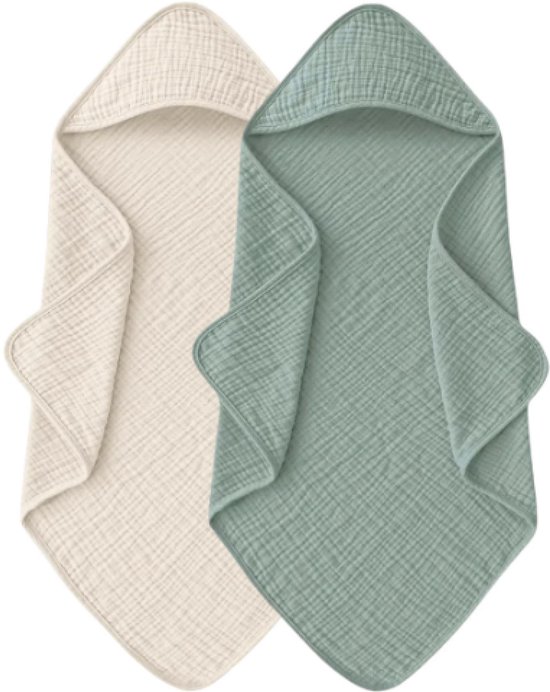 Badcape set | Beige&Groen | Zachte hydrofiel | Katoen | Wikkeldeken | Doek | Capuchon | Baby | Kind | Kraamcadeau van Merkloos