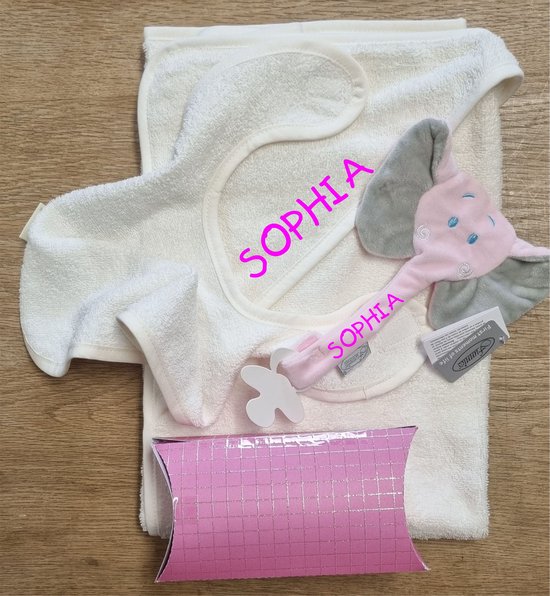 Badcape van Funnies Met Geborduurde Naam-Slabbetje-Speenhouder van Funnies.