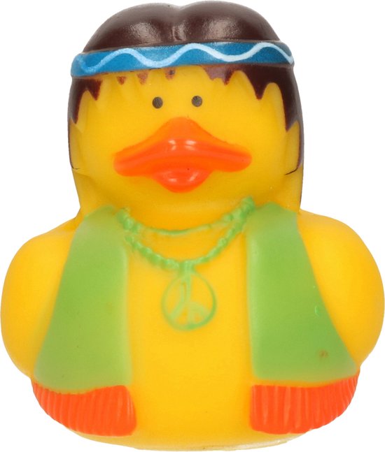 Badeendje - flower power hippie - geel met groen-oranje vestje - 5 cm van Bade