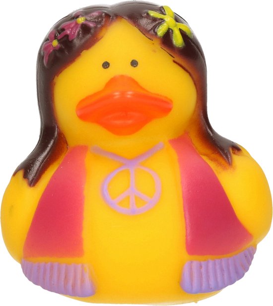 Badeendje - flower power hippie - geel met roze-paars vestje - 5 cm van Bade