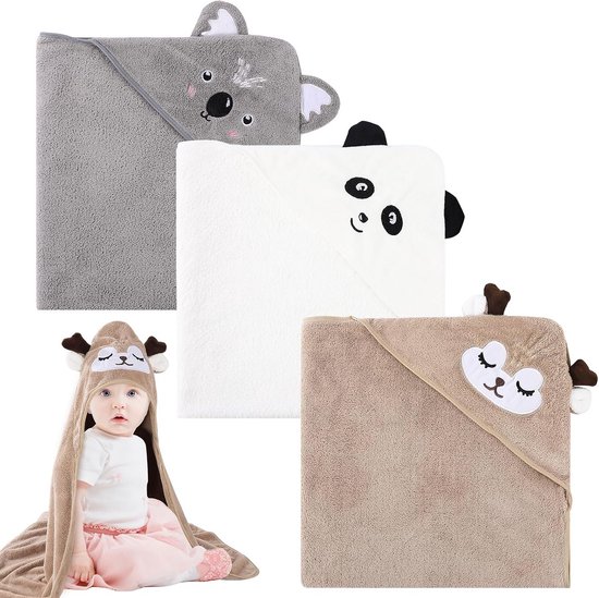 Badhanddoek met capuchon voor baby's, 3-delig, super absorberend, 80 x 80 cm, 100% katoen, kaki/grijs