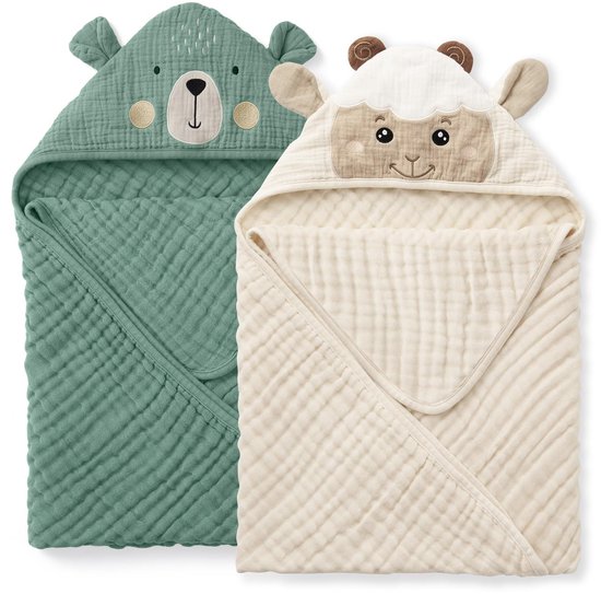 Badhanddoeken met capuchon voor baby's – 2-pack (met capuchon) – Cartoon – Beer en lam