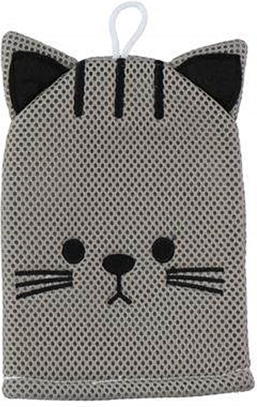 Badhandschoen voor Kinderen en Volwassenen Grijze Poes - Baby Shower Glove - Douche Handschoen - Washandjes Baby van Theedoekhuys