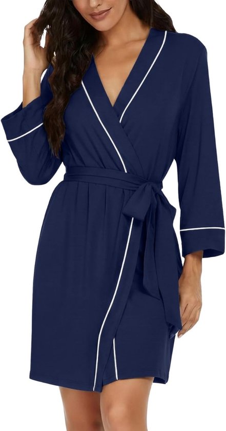 Badjas dames korte V-hals 3/4 mouwen ochtendjas lichte kimono robe loungewear