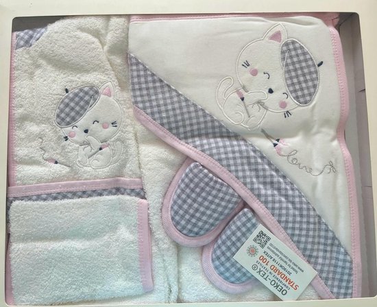 Badjas met capuchon 5-delig - badcape met capuchon voor baby - Set badjas - 100% katoen - Voor baby's van 0- 24 maanden - Oeko-tex gecertificeerd - poesje - badhanddoek van Merkloos