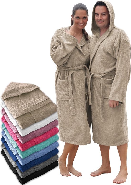 Badjas met capuchon voor heren, 100% katoen - Unisex badjas van badstof 450 g/m², met ceintuur en zakken, ideaal voor na het douchen, baden of zwemmen