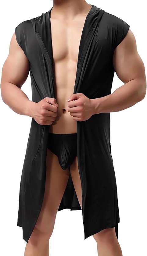 Badjas met capuchon voor heren, mouwloze zijden pyjama, nachtkleding, lichte vaste ochtendjas, spa-badjas met riem, zachte zomerpyjama voor thuis