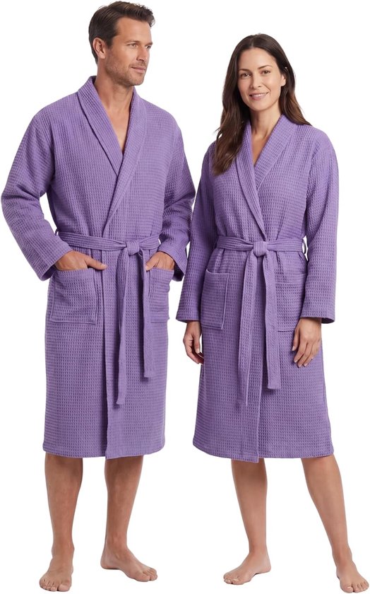 Badjas, uniseks, wafelbadjas voor dames en heren, licht en ademend, zachte wafelstof, riem en 2 zakken, ideaal voor zwembad, huis, spa, hotel, zomer, maten S tot XL