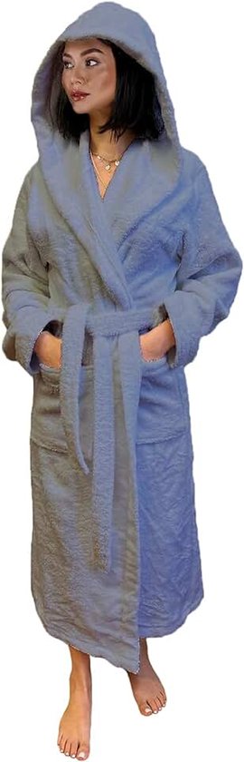 Badjas voor dames en heren, voor hotels en luxe spa, badstof, katoen, met capuchon, effen kleur, Lichtblauw, M