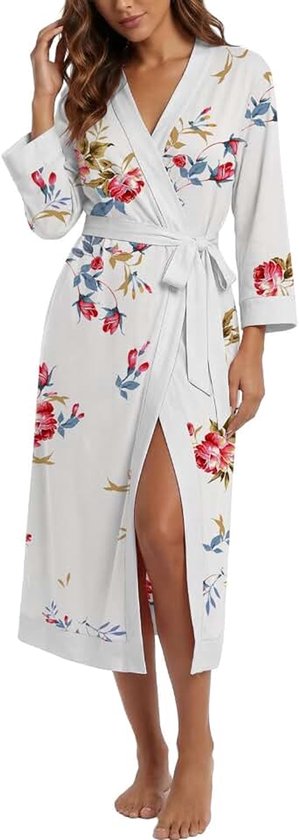 Badjas voor dames, lang, 3/4 mouwen, ochtendjas, lichte V-hals, kimono, nachtkleding met tailleband