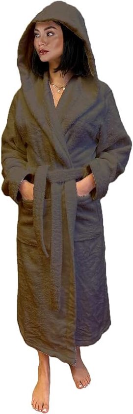 Badjas voor heren en dames, voor hotel en luxe SPA, katoenen badstof, met capuchon, eenkleurig, model: Parel, Bruin, XL