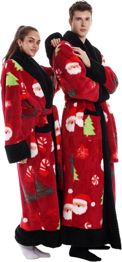 Badjassen Mannen en vrouwen Universeel Zacht flanel materiaal Extra grote zak ontwerp Een maat Als cadeau voor een vriendin Moeder Vriend (Red Christmas)
