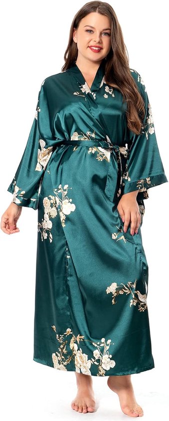 Badjassen met bloemen voor dames, grote maten, lange zijden gewaden, pauw, bloemen, kimono, nachtkleding, ochtendjas