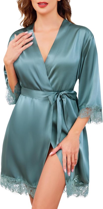 Badjassen voor dames, kant, zijde, kimono, badjassen, korte zachte lichtgewicht voor thuis, bruiloft, feest, S-XXL