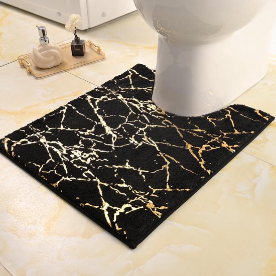 Badmat antislip wasbaar Badmat, WC-voorlegger met uitsparing Zwart badkamerteppich, Goud Deko WC-tapijt Luxe Bad Accessoires, zacht Microvezel zuigkrachtig Badmat 50x50 cm
