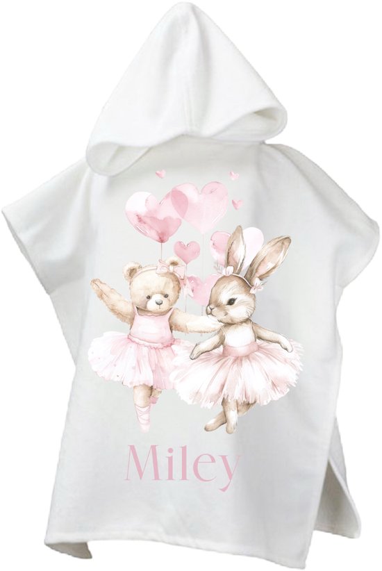 Badponcho met capuchon-Gepersonaliseerde Poncho voor Kinderen met teddy en konijn ballerina print en naam - Perfect voor Zwembad en Strand van Little Dutch