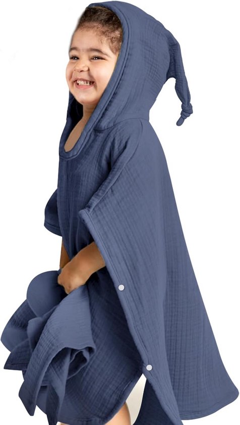 Badponcho voor Kinderen - Capuchonhanddoek van 100% Mousseline Katoen - 60 x 60 cm - Blauw
