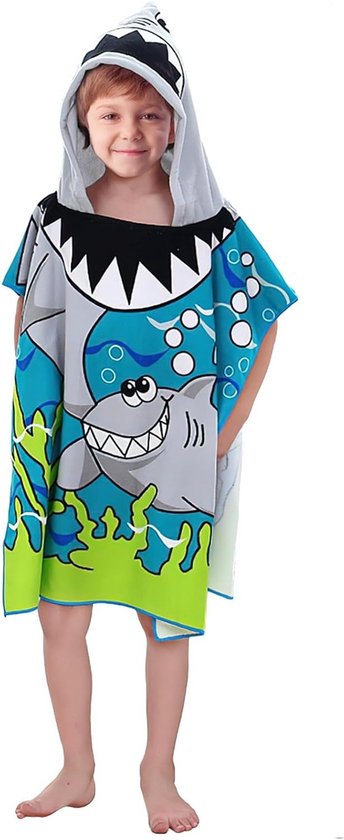 Badponcho voor Kinderen, Handdoek met Kap voor Strand en Zwembad, Ideaal voor Jongens en Meisjes van 2-8 Jaar, Shark Design, Sneldrogend en Zacht Materiaal