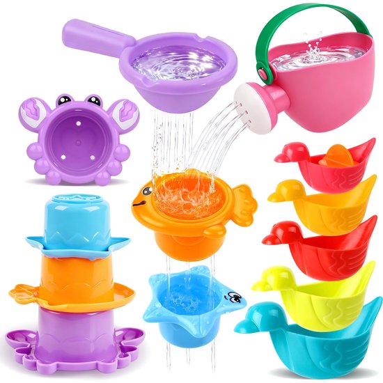 Badset voor Baby & Peuter - 10 Stuks - Schimmelvrij Badspeelgoed - Stapelbare Eendjes & Bekers - Inclusief Gieter & Waterschep - Waterspeelgoed voor Bad, Zwembad & Strand van Merkloos