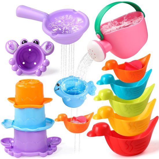 Badspeelgoed Baby & Peuter - 10-Delige Set - Schimmelvrij & BPA-Vrij - Inclusief Gieter, Boten & Stapelbekers - Waterspeelgoed voor Bad & Zwembad - Cadeau Kind 1, 2, 3, 4 Jaar van Merkloos