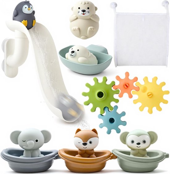 Badspeelgoed, kogelbaan, badspeelgoed, waterspeelgoed voor kinderen met tandwielen, vingerpoppen, boten en opslag, waterbaan, badspeelgoed, cadeau voor baby's, peuters, 1, 2, 3, 4 jaar