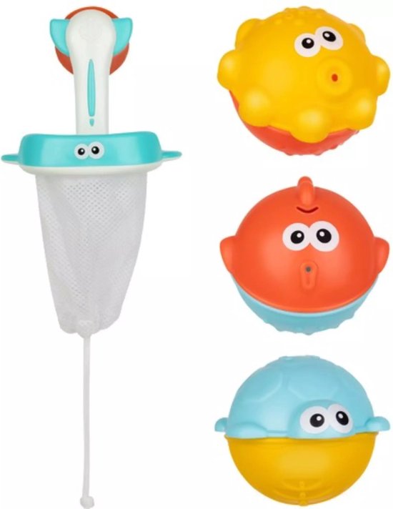 Badspeelgoed - Met  3 onderwater zwemmende dierenballen en visnet van Badspeelgoed.