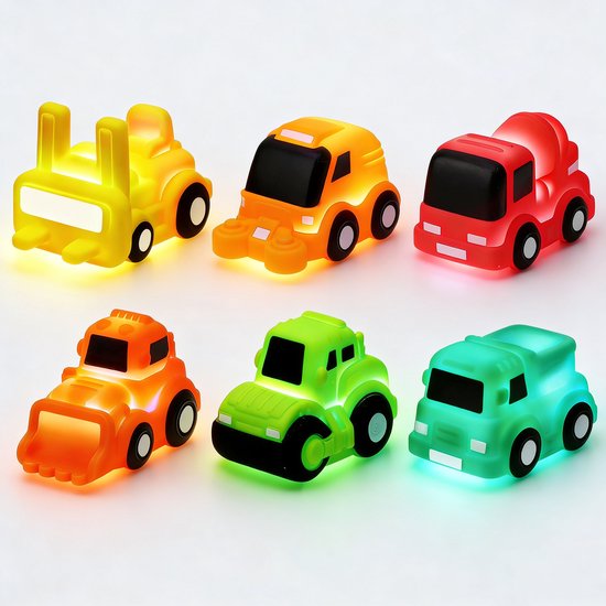 Badspeelgoed met Licht- en Kleureffecten - 6 Stuks Watergeactiveerde Auto's - Schimmelvrij, Zonder Gaten - Sensorisch Bad- & Zwemspeelgoed voor Kinderen 3-5 Jaar - Bouwvoertuigen Cadeau voor Jongens en Meisjes van Merkloos