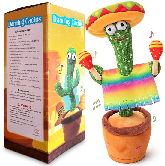 Bailanta® Dansende Cactus - Pratende Cactus - Kinder Speelgoed - Interactieve Knuffel - Nederlandse Handleiding - Pratende Knuffel – Cactus Speelgoed – USB Opladen – Geeft Licht – Met Mexicaanse Outfit – 120 Liedjes - Zingende Cactus - Perfect Cadeau