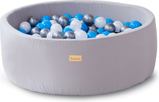 Ballenbak baby speelgoed 1 jaar blauw - Kidsdouche 100% KATOEN ballenbad ballen 200 stuks Ø 7 cm - grijs, blauw, zilver, parel van Kidsdouche