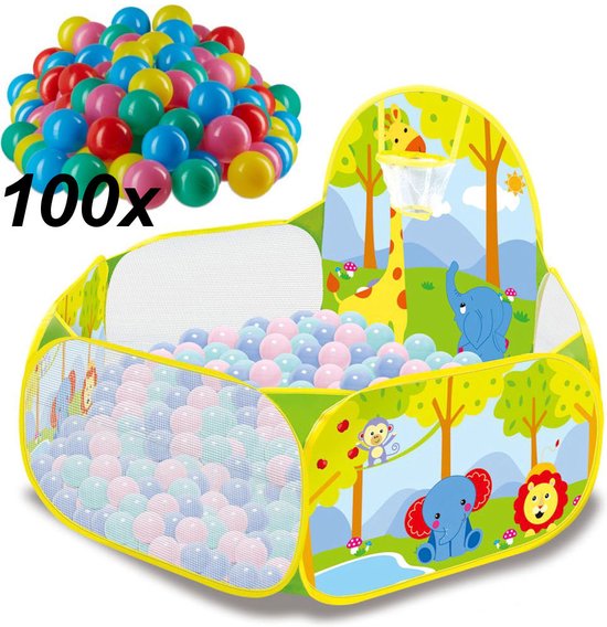 Ballenbak met Basketbal Net - MET 100 Ballen voor Ballenbak - Baby - Dieren print Ballenbad voor kinderen - Ballenbad van Merkloos