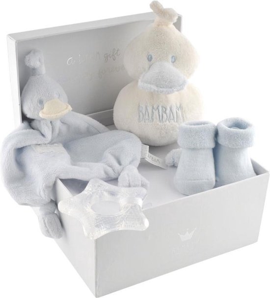 BamBam Cadeaudoos Eend, bijtring, sokjes - Blauw - Baby cadeau van BamBam