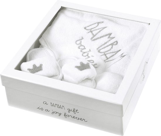 BamBam Cadeaudoos Wellness - Handdoek met capuchon, Hotel Slippers - Wit - Baby cadeau van Merkloos