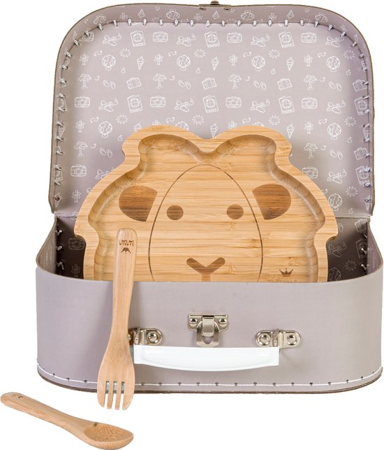 BamBam Cadeaukoffer Fusion Time Grijs - Bamboe bordje Leeuw, Bamboe vork & lepel - Baby cadeau van BamBam